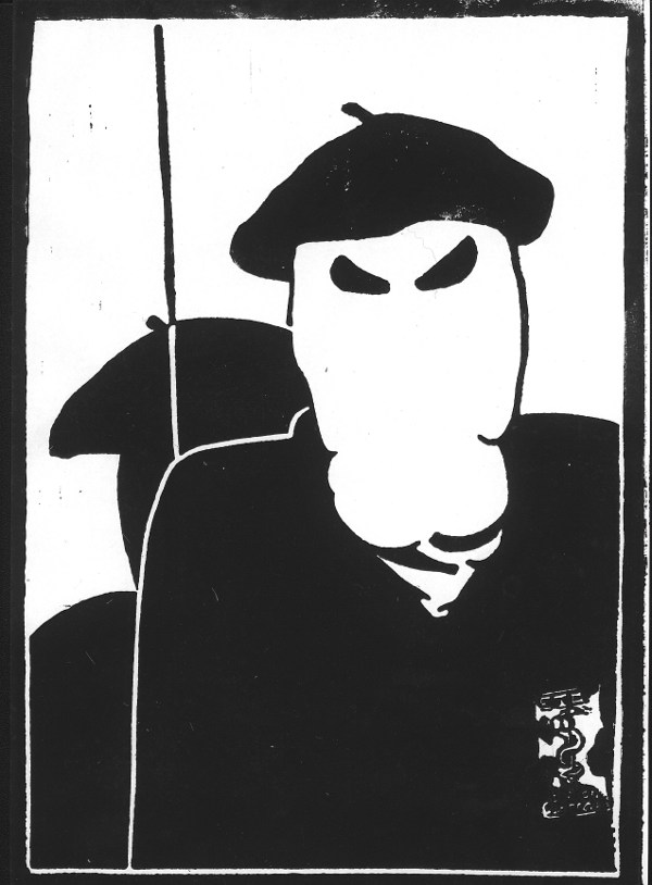 Baskischer Terrorist bei einer Presskonferenz, LInoldruck schwarz, 21 x 30 cm